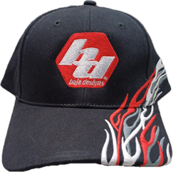 Baja Designs black cap with embroidered logo and flame design with Velcro closure.
